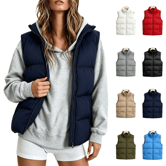 Vixolx Womens Short Puffer Vest Stand Collar Sleeveless Full Zip Padded Jacket with Side Pockets Solid Casual Fall Winter Outerwear