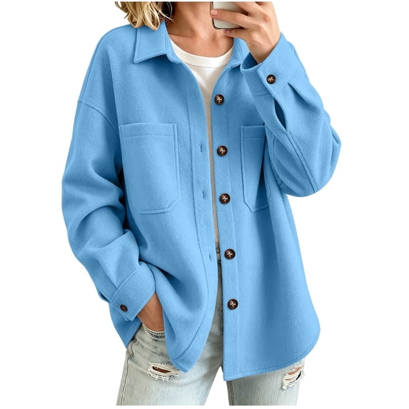 Vixolx Solid Shacket for Women Classic Buttoned Front Shirt Collar Wool Blend Jacket with Patch Pockets Fall Winter Loose Fit Long Sleeve Outerwear