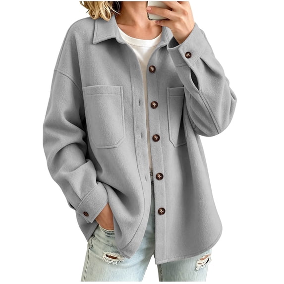 Vixolx Solid Shacket for Women Classic Buttoned Front Shirt Collar Wool Blend Jacket with Patch Pockets Fall Winter Loose Fit Long Sleeve Outerwear