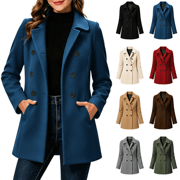 Vixolx Womens Wool Blend Coat Mid Length Lapel Collar Double Breasted Pea Coat with Pockets Fitted Waist Business Formal Outerwear