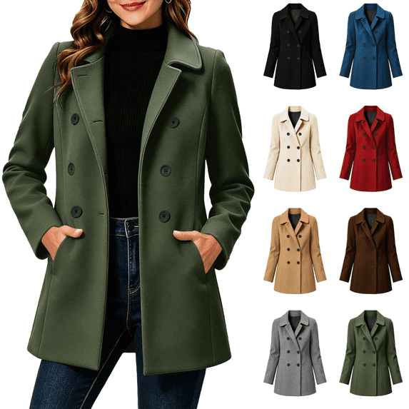 Vixolx Womens Wool Blend Coat Mid Length Lapel Collar Double Breasted Pea Coat with Pockets Fitted Waist Business Formal Outerwear