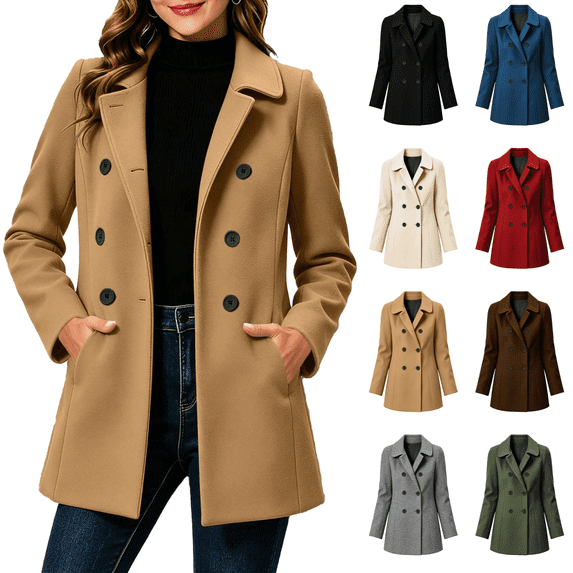 Vixolx Womens Wool Blend Coat Mid Length Lapel Collar Double Breasted Pea Coat with Pockets Fitted Waist Business Formal Outerwear