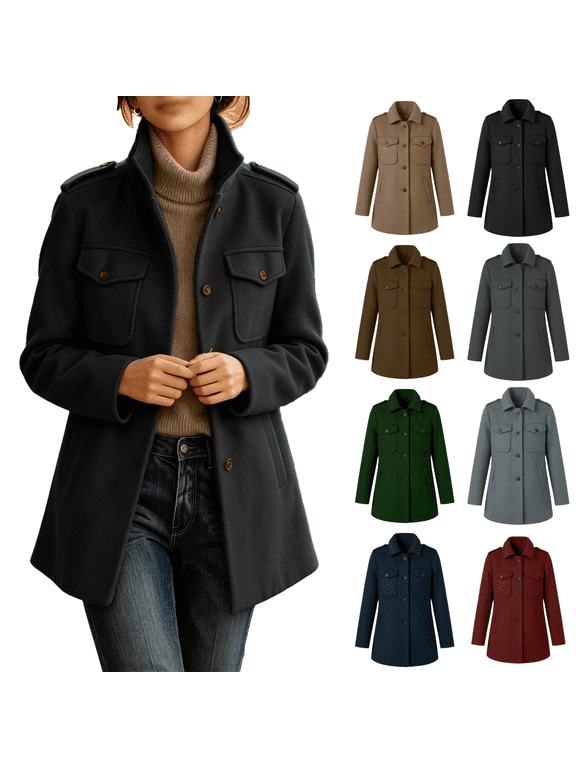 Wool Straight Pea Coat for Women Stand Collar Single Breasted Jacket Coat with Pockets and Padded Shoulder Fall Lining Long Sleeve Outerwear