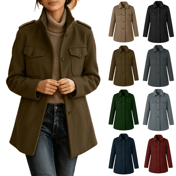 Vixolx Wool Straight Pea Coat for Women Stand Collar Single Breasted Jacket Coat with Pockets and Padded Shoulder Fall Lining Long Sleeve Outerwear