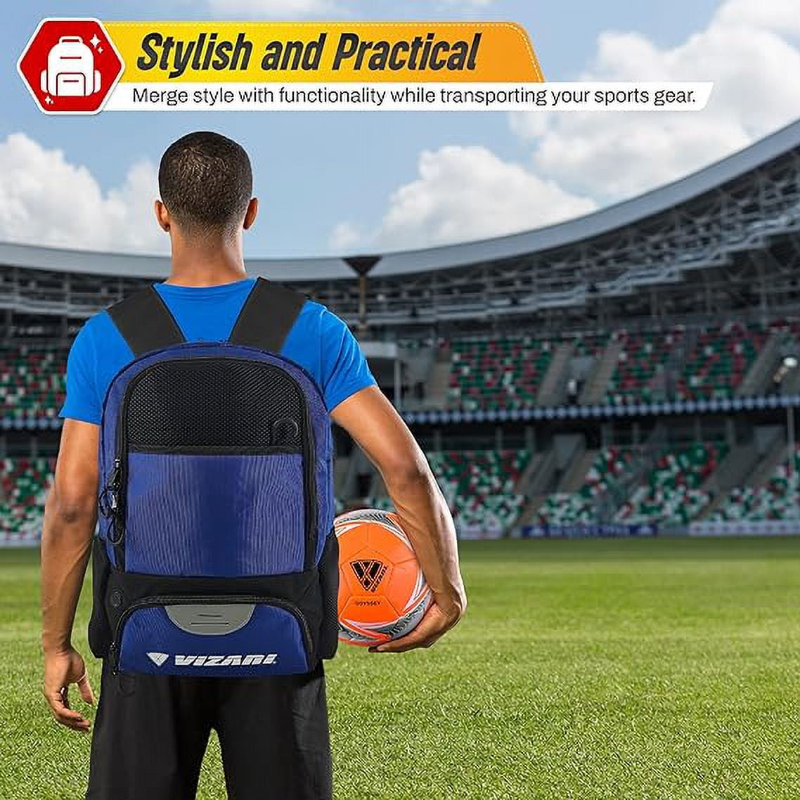 Vizari 'Avila' Soccer Backpack | Versatile Multiple Sports Bag for Ultimate Convenience | For Kids and Adults - BLACK/ROYAL