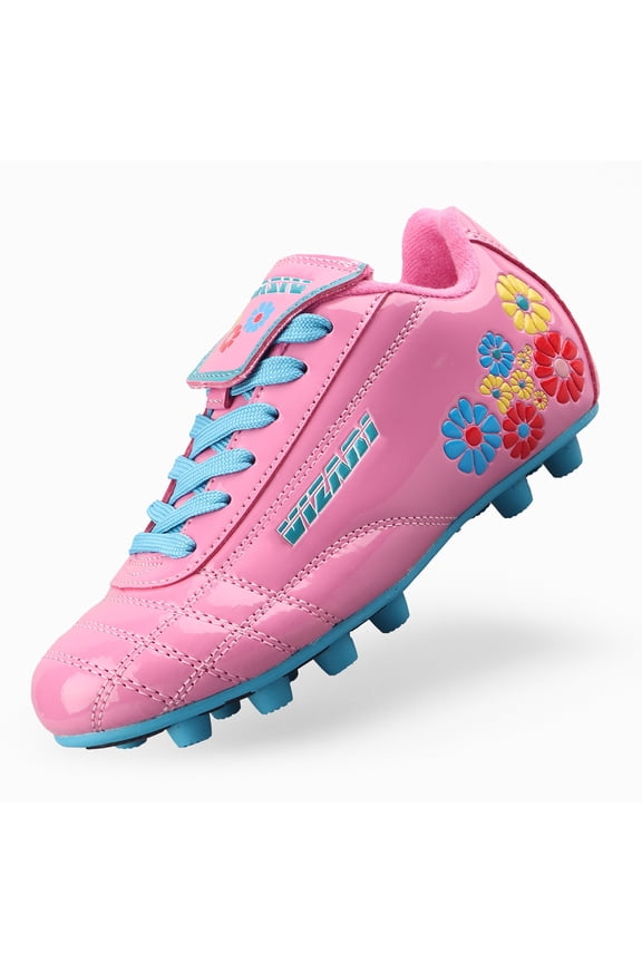 Blossom Soccer Cleats for Kids, Toddlers, and Youth – Comfortable and Durable Firm Ground Outdoor Shoes - Pink/Blue, 1