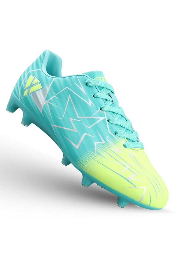 Lucia Junior Firm Ground Soccer Cleats for Kids – Comfortable, Durable, and Stylish Soccer Shoes for Boys and Girls, Aqua/Lime, 3.5