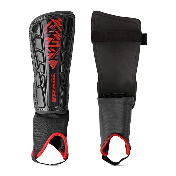 Vizari Malaga Shin Guards with Ankle Protection for Kids, Youth, and Adults | Lightweight Soccer Pads for Boys and Girls Ages 3+ - BLACK/RED, L