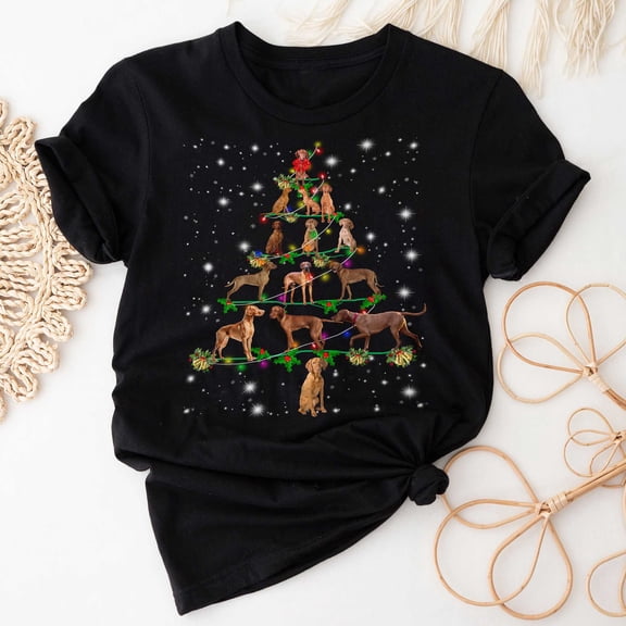 Vizsla Christmas Tree T-Shirt, Funny Dog Lover Gift, Vizsla Christmas Lights Shirts, Christmas Shirts for Women Men