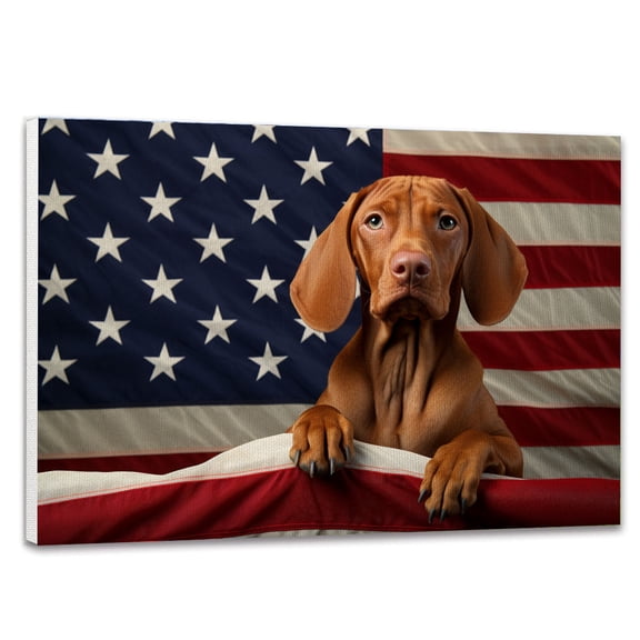 Vizsla Dog American Flag Canvas Poster Wall Art Dog Pictures for Wall Decor Red White Blue Flag of USA Patriotic Painting Print for Living Room Bedroom Office