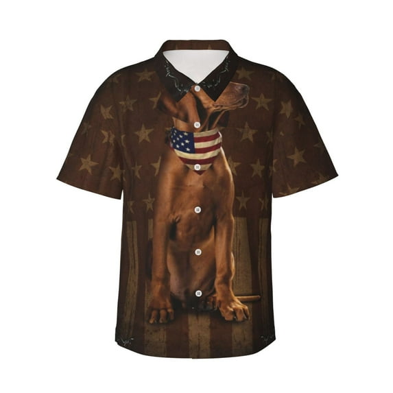 Vizsla Dog With Vintage American Flag Men's 3d Print Casual Button Down Shirts, Novelty Hawaiian Short Sleeves L