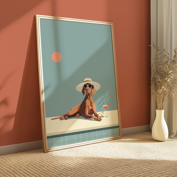 Vizsla Poolside Cocktail Wall Art Print, Unframed Paper Poster 8x10in