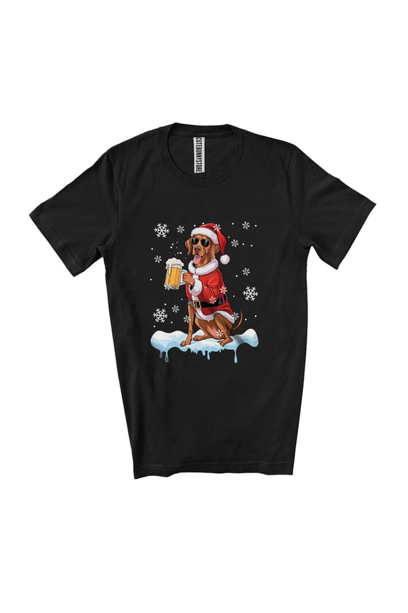 Vizsla Santa Sunglasses Drinking Beer; Joyful Christmas Drunker X-mas Family Group Unisex T-Shirt