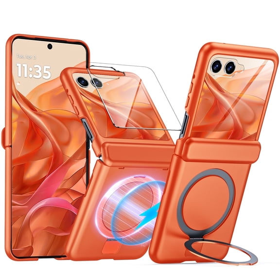 Vizvera For Motorola Razr 2024/2025/2026 With Hinge Protection,Screen Protector,Magnetic Ring Stand,Full-Body Shockproof Rugged Phone Case-Orange