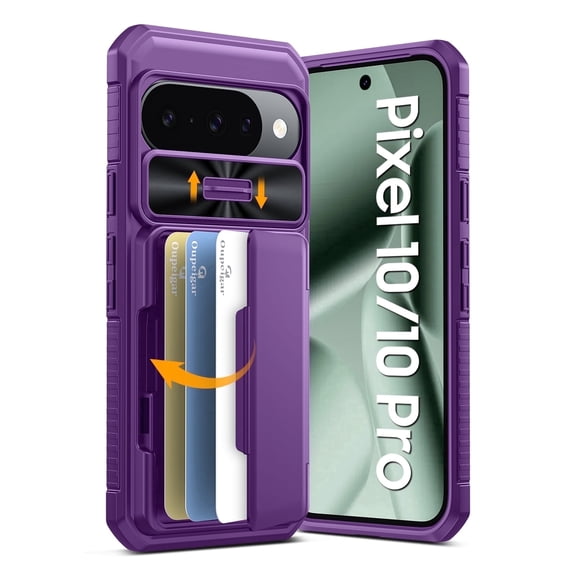 Vizvera for Google Pixel 10/10 Pro Wallet RFlD Cards Holder,Camera Control,Camera Cover,Rugged Shockproof Silicone Protective Phone Case-Purple