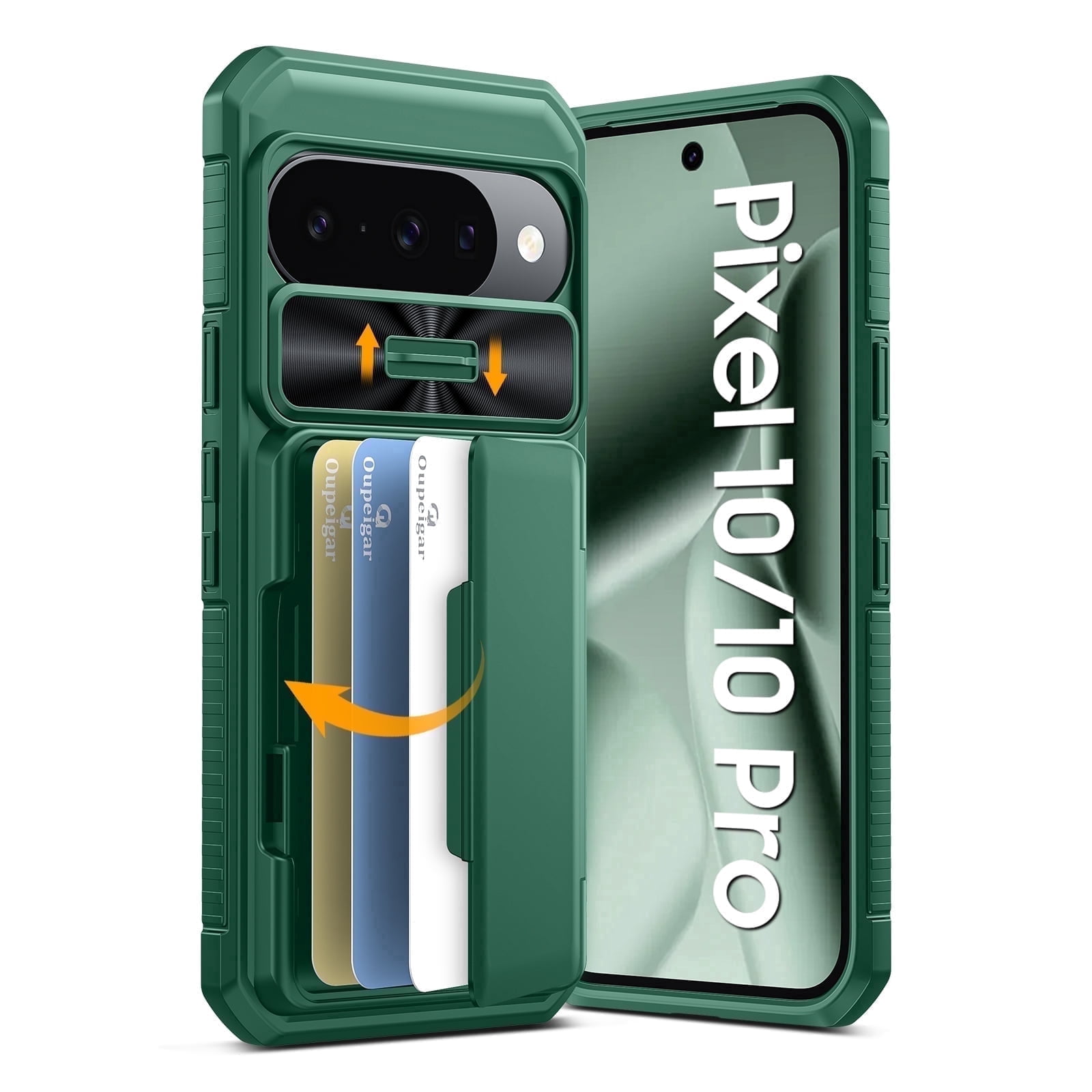 Vizvera for Google Pixel 10/10 Pro Wallet RFlD Cards Holder,Camera Control,Camera Cover,Rugged Shockproof Silicone Protective Phone Case-Green