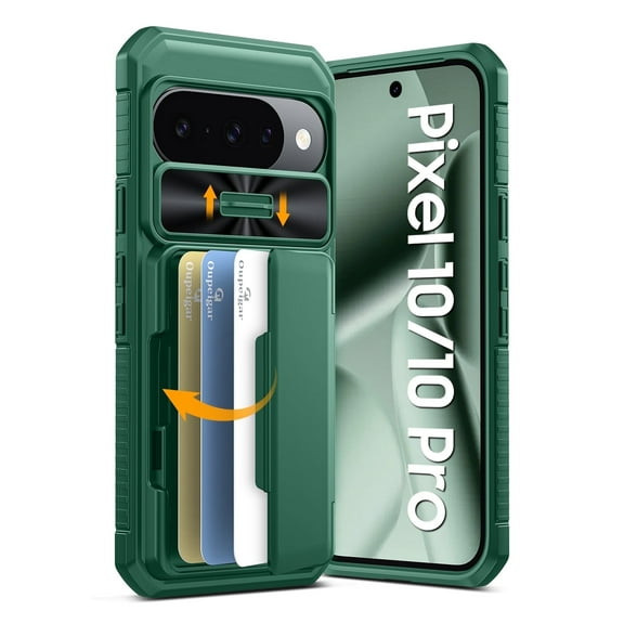 Vizvera for Google Pixel 10/10 Pro Wallet RFlD Cards Holder,Camera Control,Camera Cover,Rugged Shockproof Silicone Protective Phone Case-Green