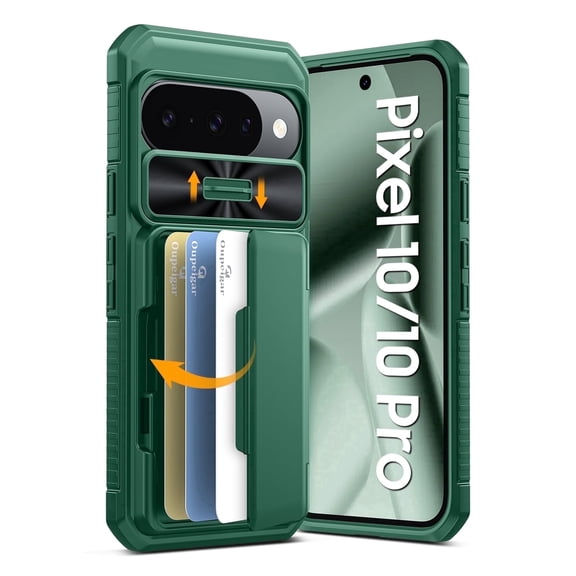 Vizvera for Google Pixel 10/Pixel 10 Pro Wallet RFlD Cards Holder,Camera Control,Camera Cover,Rugged Shockproof Silicone Protective Phone Case-Green