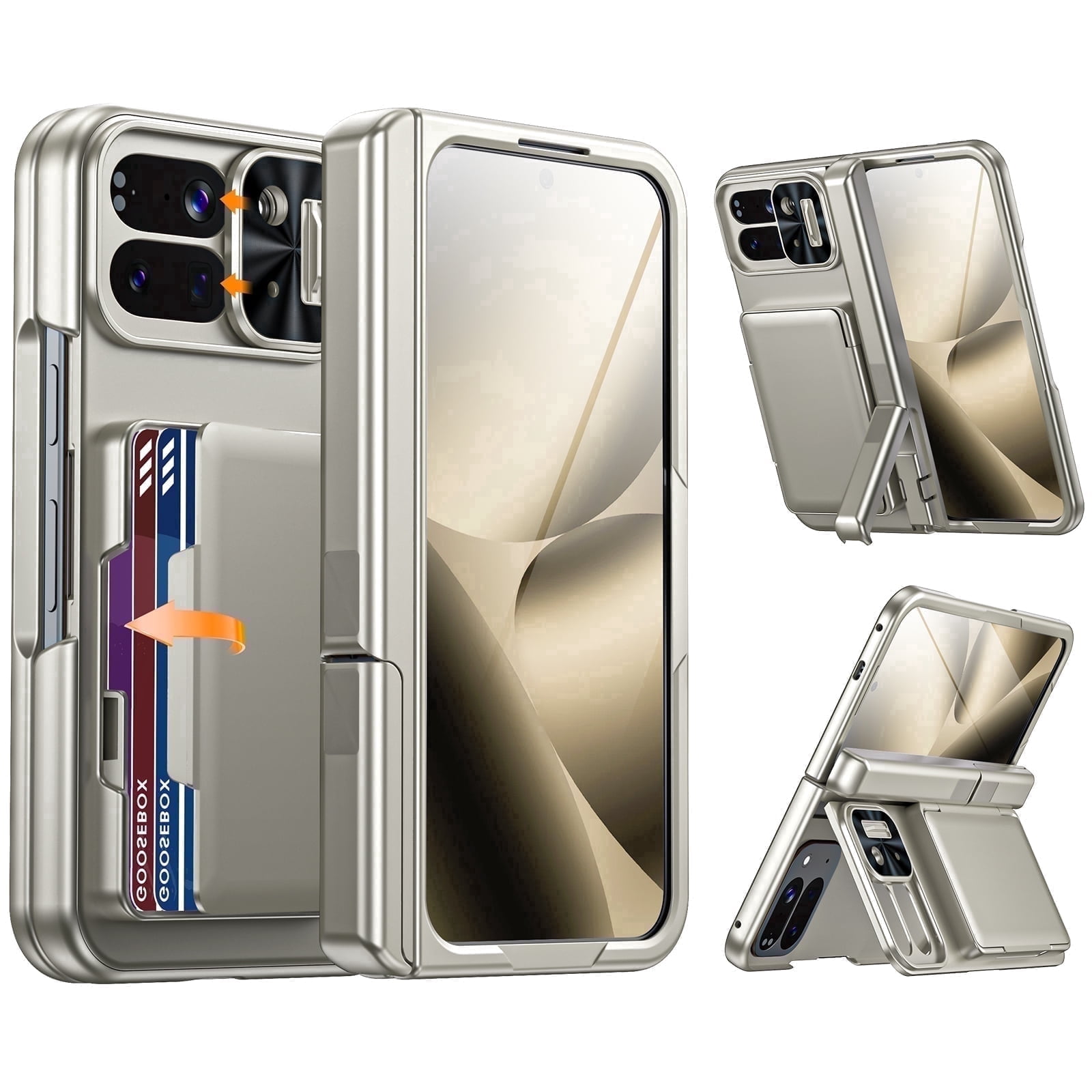 Vizvera for Google Pixel 10 Pro Fold Case with Card Holder [RFID Blocking] Camera Cover,Hinge Protection,Built-in Hidden Kickstand,Screen Protector,Slim Shockproof Phone Case-Titanium