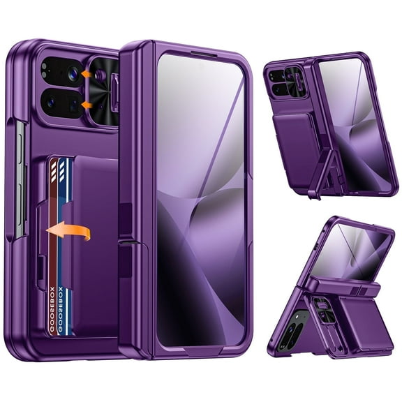 Vizvera for Google Pixel 10 Pro Fold Case with Card Holder [RFID Blocking] Camera Cover,Hinge Protection,Built-in Hidden Kickstand,Screen Protector,Slim Shockproof Phone Case-Purple