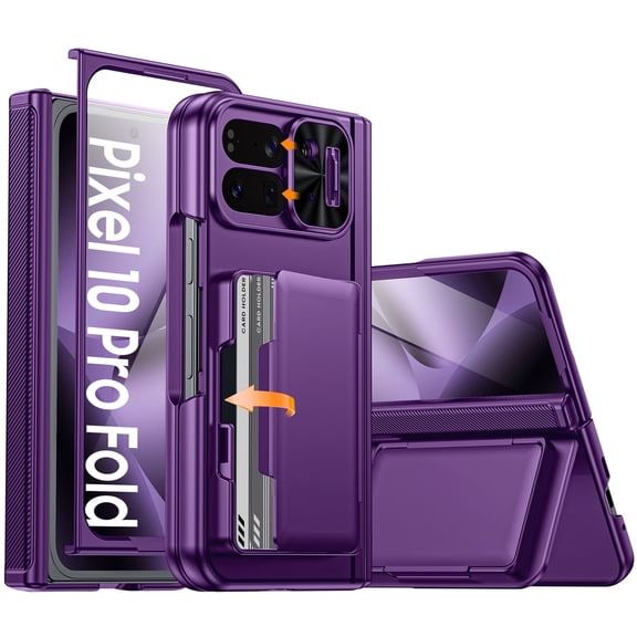 Vizvera for Google Pixel 10 Pro Fold With Card Holder[RFID Blocking]Camera Cover,Hinge Protection,Hidden Kickstand,Screen Protecto Phone Case-Purple