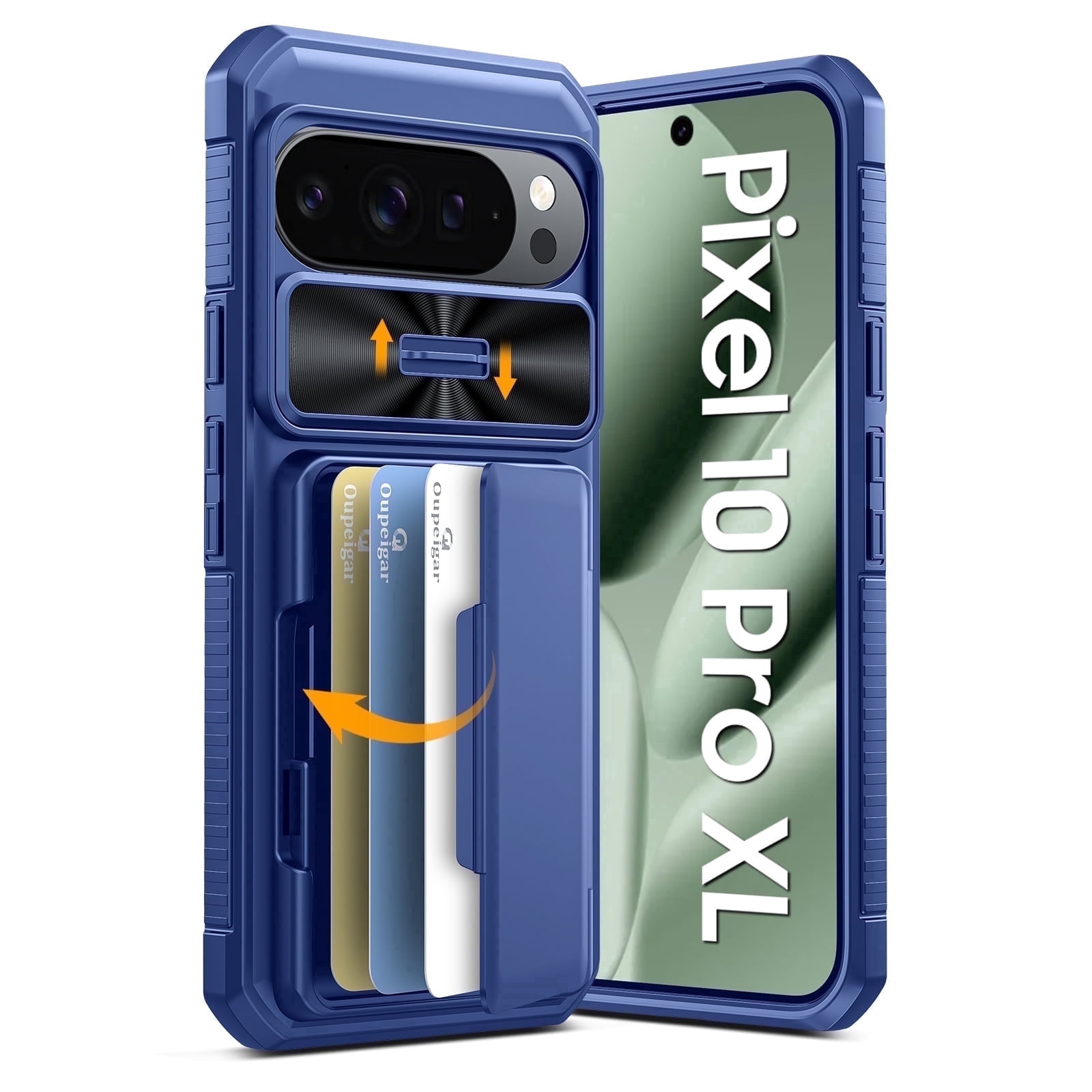 Vizvera for Google Pixel 10 Pro XL Wallet RFlD Cards Holder,Camera Control,Camera Cover,Rugged Shockproof Silicone Protective Phone Case-Blue