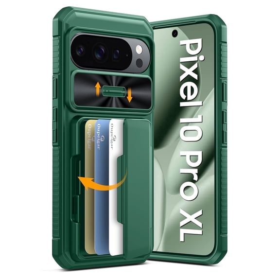 Vizvera for Google Pixel 10 Pro XL Wallet RFlD Cards Holder,Camera Control,Camera Cover,Rugged Shockproof Silicone Protective Phone Case-Green