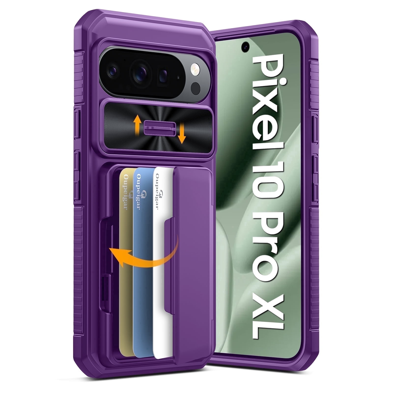 Vizvera for Google Pixel 10 Pro XL Wallet RFlD Cards Holder,Camera Control,Camera Cover,Rugged Shockproof Silicone Protective Phone Case-Purple