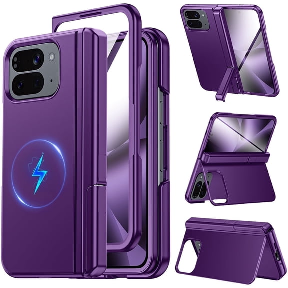 Vizvera Magnetic for Google Pixel 10 Pro Fold Case with Stand, Fit for Magsafe, Hinge Protection, Screen Protector, Built-in Hidden Kickstand, Slim Shockproof Phone Case-Purple