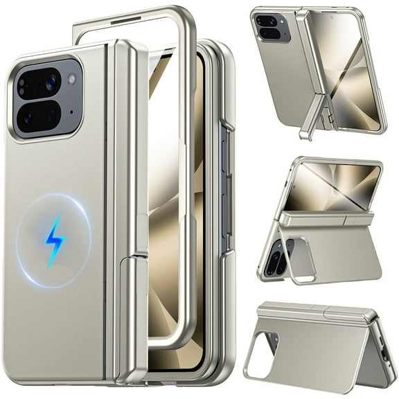 Vizvera Magnetic for Google Pixel 10 Pro Fold Case with Stand, Fit for Magsafe, Hinge Protection, Screen Protector, Built-in Hidden Kickstand, Slim Shockproof Phone Case-Titanium