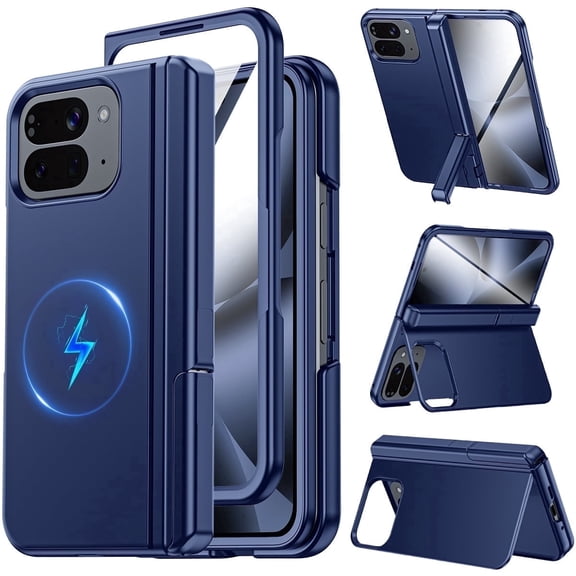Vizvera Magnetic for Google Pixel 10 Pro Fold Case with Stand, Fit for Magsafe, Hinge Protection, Screen Protector, Built-in Hidden Kickstand, Slim Shockproof Phone Case-Blue
