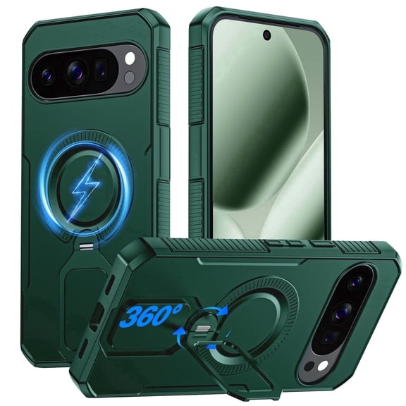 Vizvera Magnetic for Google Pixel 10 Pro XL Case with 360° Spin Stand, Fit for Magsafe, Military Grade Protection, Shockproof Case with Kickstand-Green