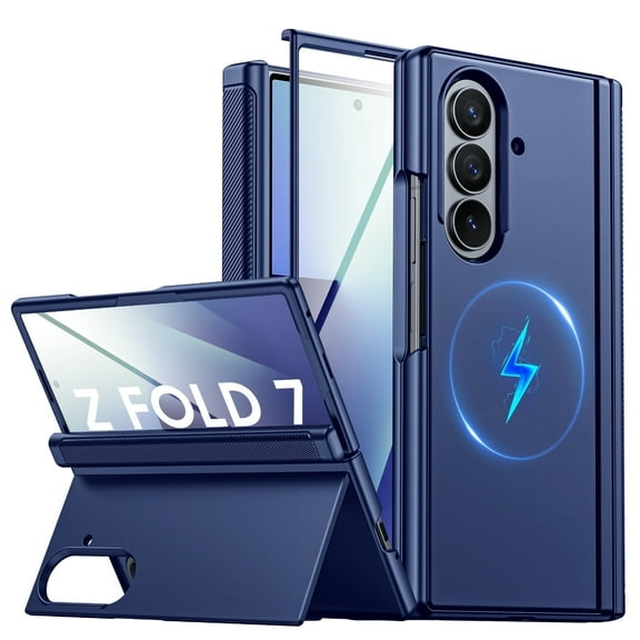 Vizvera Magnetic for Samsung Galaxy Z Fold 7 Case with Stand, Fit for Magsafe, Hinge Protection, Screen Protector, Built-in Hidden Kickstand, Slim Shockproof Phone Case for Galaxy Z Fold 7-Blue