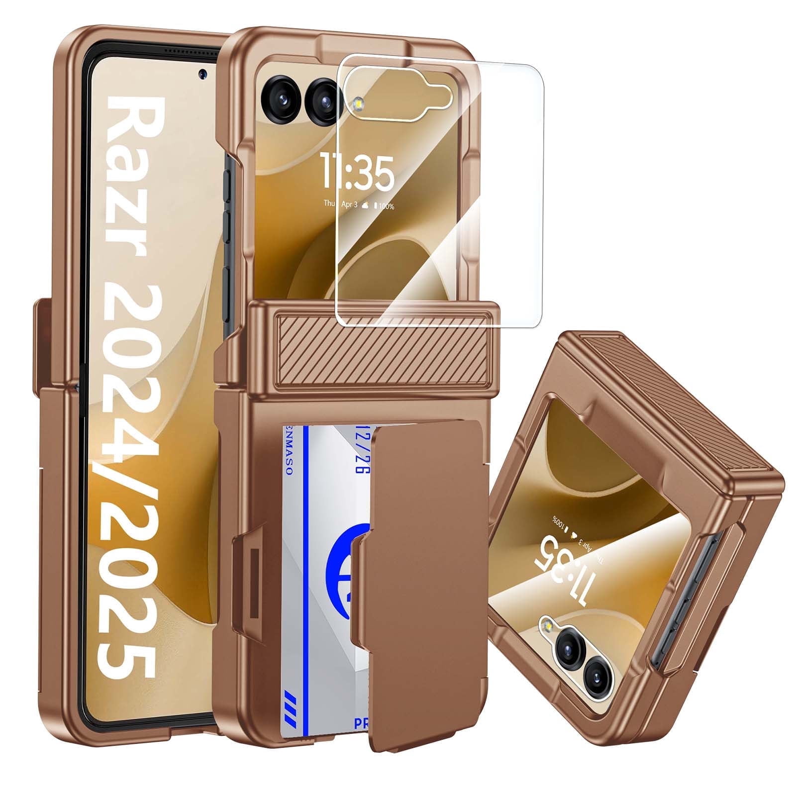 Vizvera for Motorola Razr 2026/2025/2024 Phone Case with Card Holder [RFID Blocking],Hinge Protection,Screen Protector Shockproof Case-Gold
