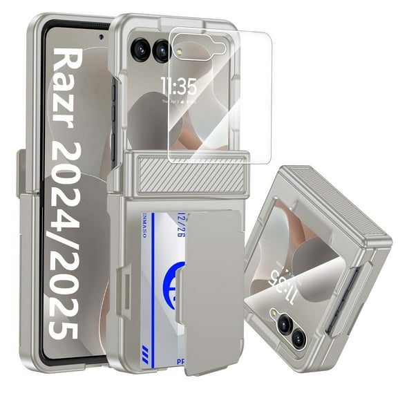 Vizvera for Motorola Razr 2024/Razr 2025 Phone Case with Card Holder RFID Blocking,Built in Hinge Protection, Screen Protector-Titanium