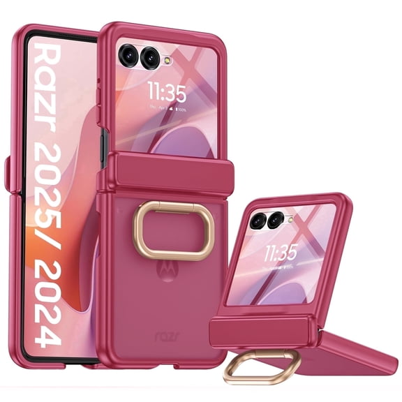 Vizvera for Motorola Razr 2026/2025/2024 Phone Case,With Ring Holder,Screen Protector,Hinge Protection,Wireless Charging,Skin Feel Matte Case-Rose Red
