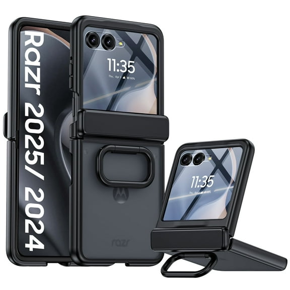 Vizvera for Motorola Razr 2024/Razr 2025 With Ring Holder,Screen Protector,Hinge Protection,Wireless Charging,Skin Feel Matte Phone Case-Black