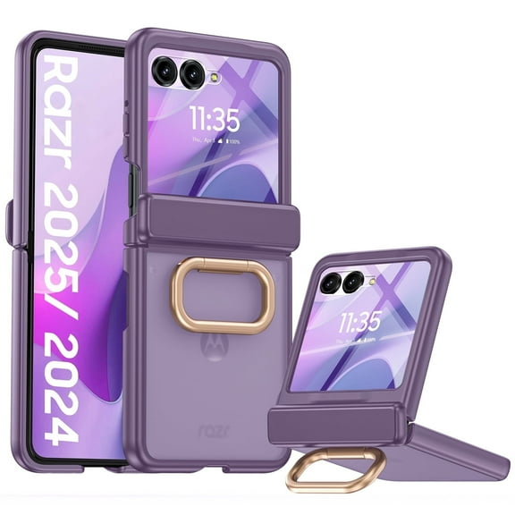 Vizvera for Motorola Razr 2024/Razr 2025 With Ring Holder,Screen Protector,Hinge Protection,Wireless Charging,Skin Feel Matte Phone Case-Purple