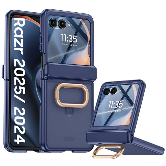 Vizvera for Motorola Razr 2024/Razr 2025 With Ring Holder,Screen Protector,Hinge Protection,Wireless Charging,Skin Feel Matte Phone Case-Blue