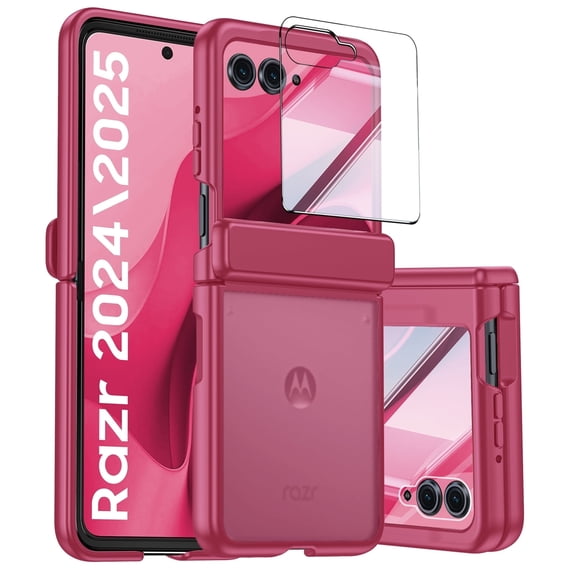 Vizvera for Motorola Razr 2026/Razr 2025/Razr 2024 Phone Case,With Hinge Protection,Screen Protector,Skin Feel Translucent Frosted,Wireless Charging-Rose Red