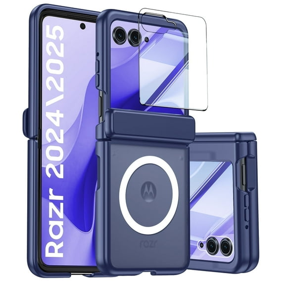 Vizvera for Motorola Razr 2025/Razr 2024 Case,with Magnetic Power [Slim Design][Screen Protector][Hinge Protection] Translucent Matte Shockproof Protective Phone Case for Razr 50/Razr 60-Blue