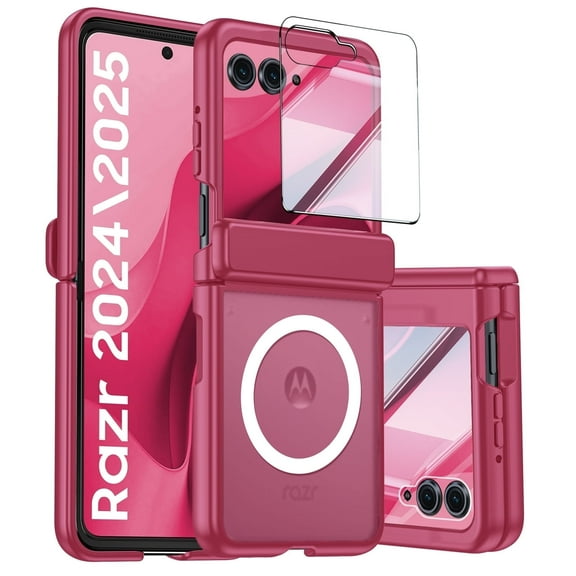 Vizvera for Motorola Razr 2025/Razr 2024 Case,with Magnetic Power [Slim Design][Screen Protector][Hinge Protection] Translucent Matte Shockproof Protective Phone Case for Razr 50/Razr 60-Rose Red