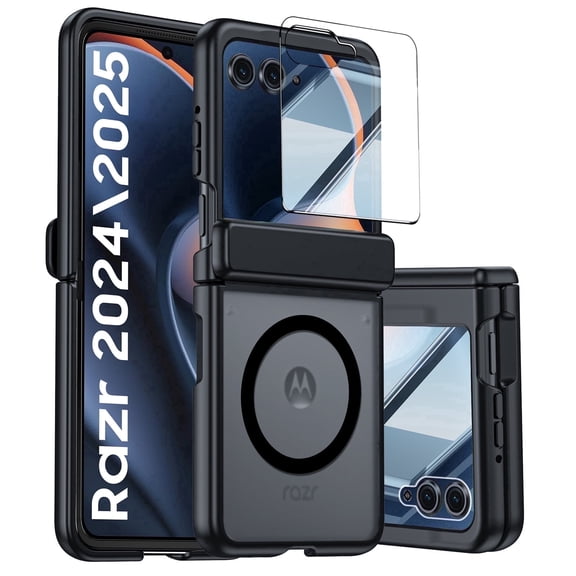 Vizvera for Motorola Razr 2026/Razr 2025/Razr 2024 Phone Case,with Magnetic Power[Screen Protector][Hinge Protection] Translucent Matte Shockproof Case-Black