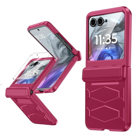 Vizvera for Motorola Razr 50/Razr 60 Case with Hinge Cover,Built-in Screen Protector Shockproof All-Inclusive Smartphone Cover Wireless Charging for Motorola Razr 2024/Razr 2025-Rose Red