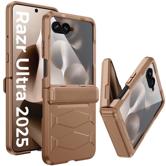Vizvera for Motorola Razr Ultra 2025 Case with Hinge Cover,Built-in Screen Protector Shockproof All-Inclusive Cover Wireless Charging-Gold