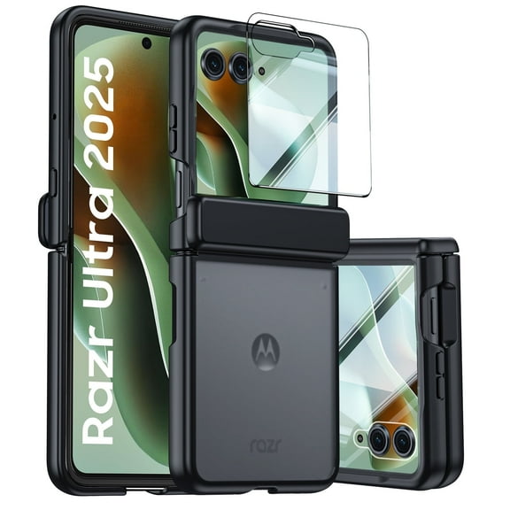 Vizvera for Motorola Razr Ultra 2025 With Hinge Protection,Screen Protector,Skin Feel Translucent Frosted,For Wireless Charging Phone Case-Black