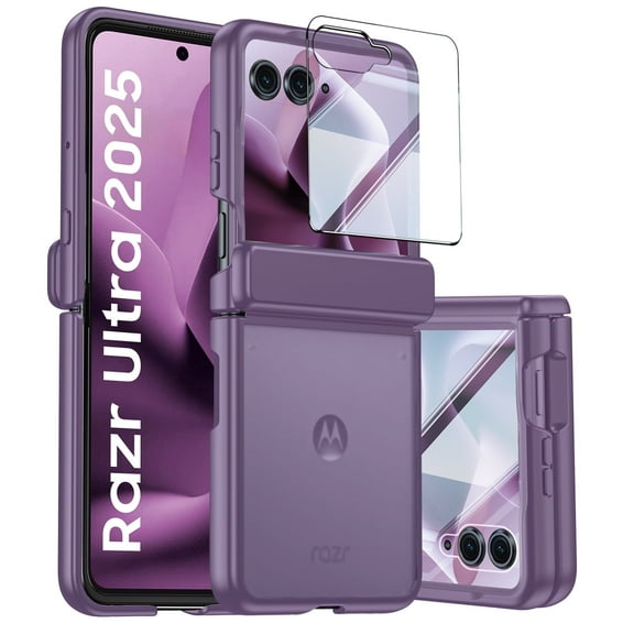 Vizvera for Motorola Razr Ultra 2025 With Hinge Protection,Screen Protector,Skin Feel Translucent Frosted,For Wireless Charging Phone Case-Purple