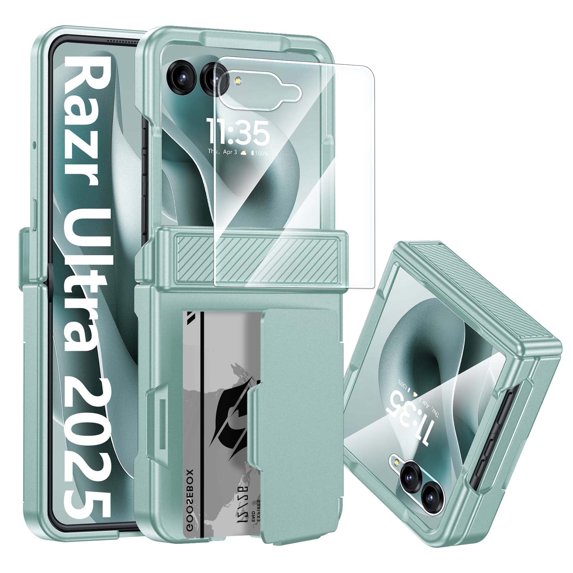 Vizvera for Motorola Razr Ultra 2025 Phone Case with Card Holder RFID Blocking,Built in Hinge Protection, Screen Protector-Light Green