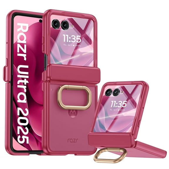 Vizvera for Motorola Razr Ultra 2025 With Ring Holder,Screen Protector,Hinge Protection,Wireless Charging,Skin Feel Matte Phone Case-Rose Red
