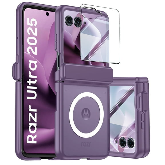 Vizvera for Motorola Razr Ultra 2025 Case,with Magnetic Power [Slim Design][Screen Protector][Hinge Protection] Translucent Matte Shockproof Protective Phone Case for Razr 60 Ultra-Purple